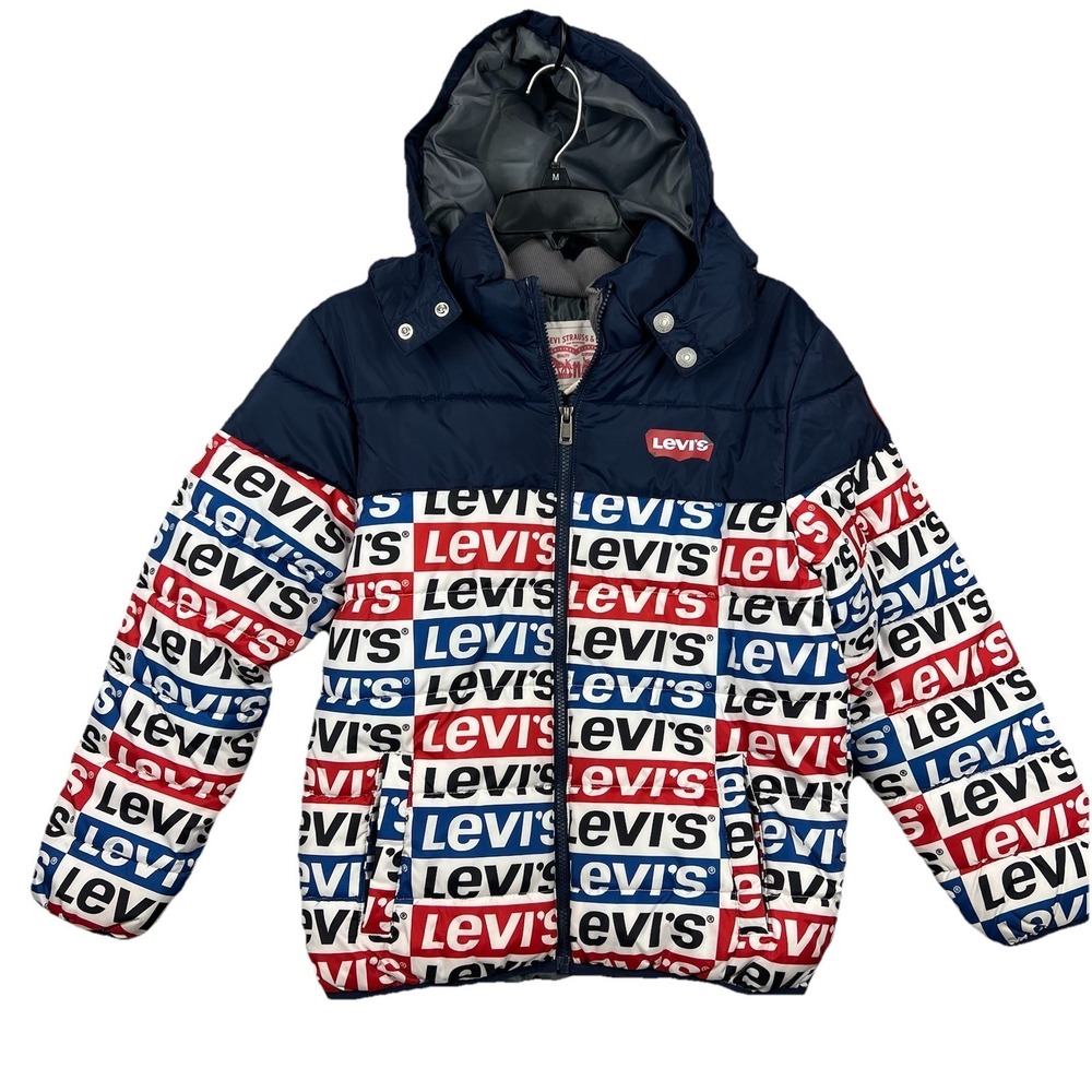 Levis Strauss Kid Large 12-13yrs Puffer Jacket Graphic Full Zip Logo Hooded Flaw